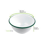 Enamel reusable deep bowl white w/green rim 51oz D:7.9in H:3.5in - 12 pcs Enamel reusable deep bowl white w/green rim 51oz D:7.9in H:3.5in - 12 pcs